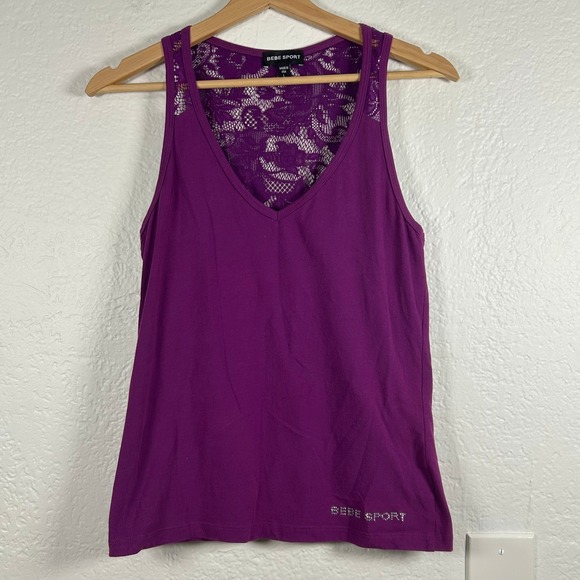 Bebe Sport Tops - BEBE SPORT Tank Top Purple Lace Back Rhinestone Logo Y2K Size L